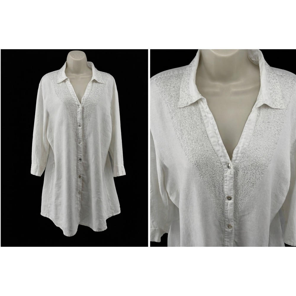 Chicos 3 Linen Blend Tunic Top 16/18 Beaded Embellished Lagenlook Coastal